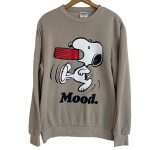 Snoopy Peanuts Mood Hungry Dance Graphic Crew Neck Sweatshirt Medium Beige